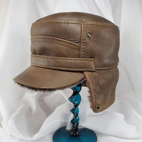 Ricardo BH Brown Leather Aviator Hat With Faux Fur Lining Elmer Fudd Ear flaps - Picture 5 of 16
